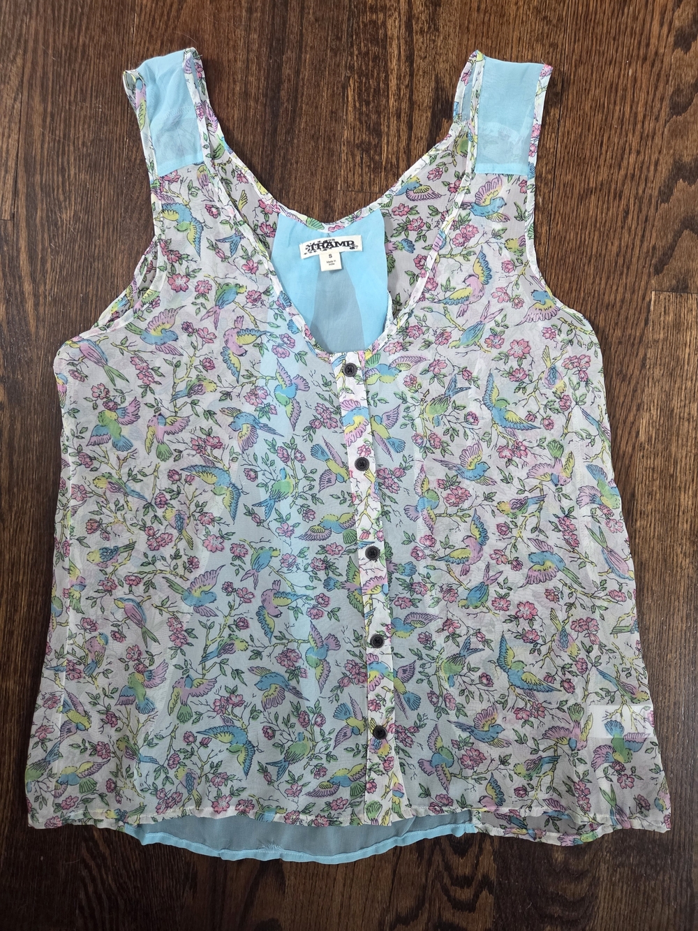 Light Blue & White Sheer Bird Print Button-Front Tank Top
